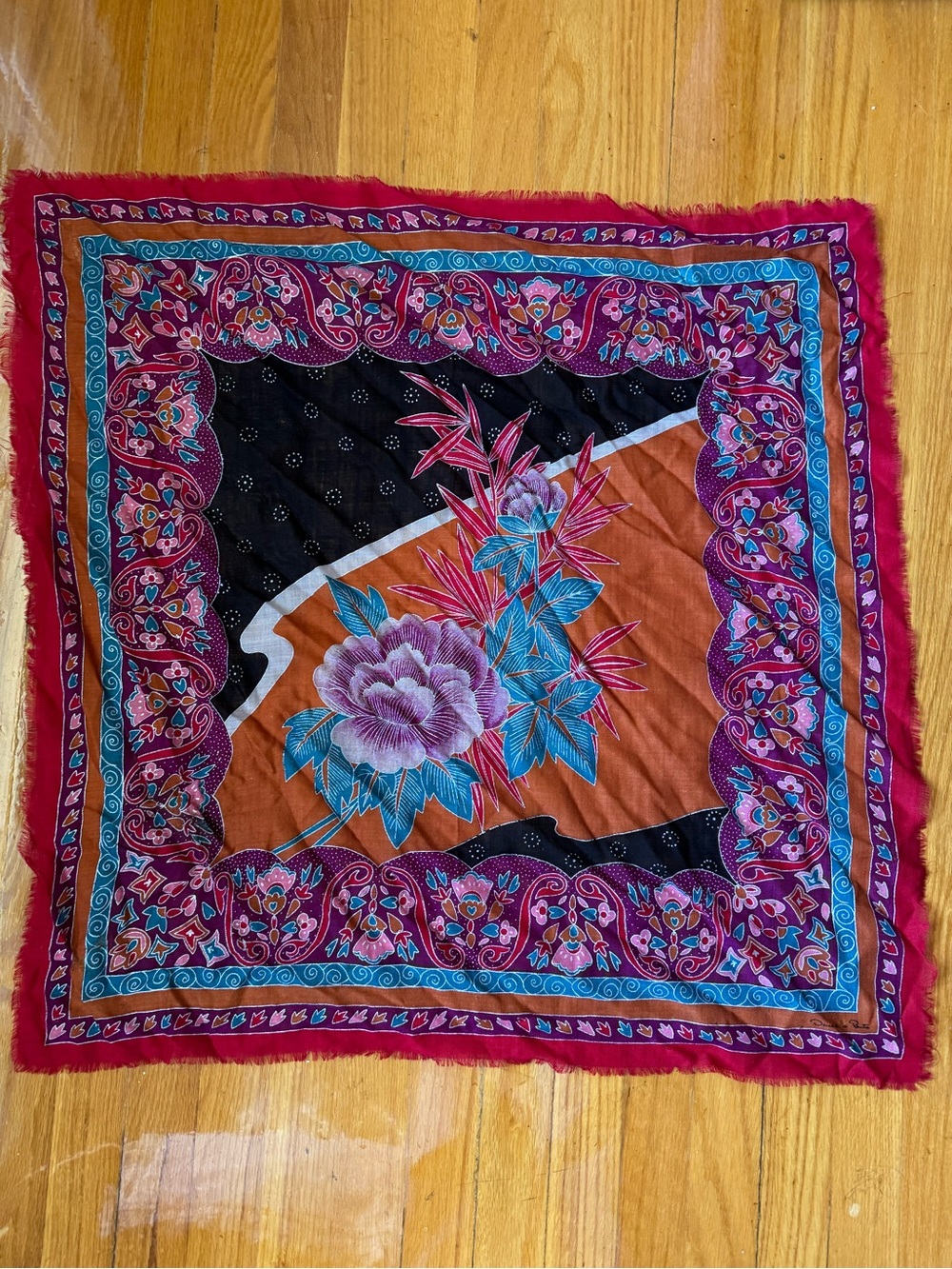 Vintage Oscar De La Renta Linen Vibrant Floral Square Scarf